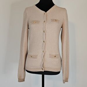 Banana Republic Cardigan Tan With Gold Weave and Gold Buttons